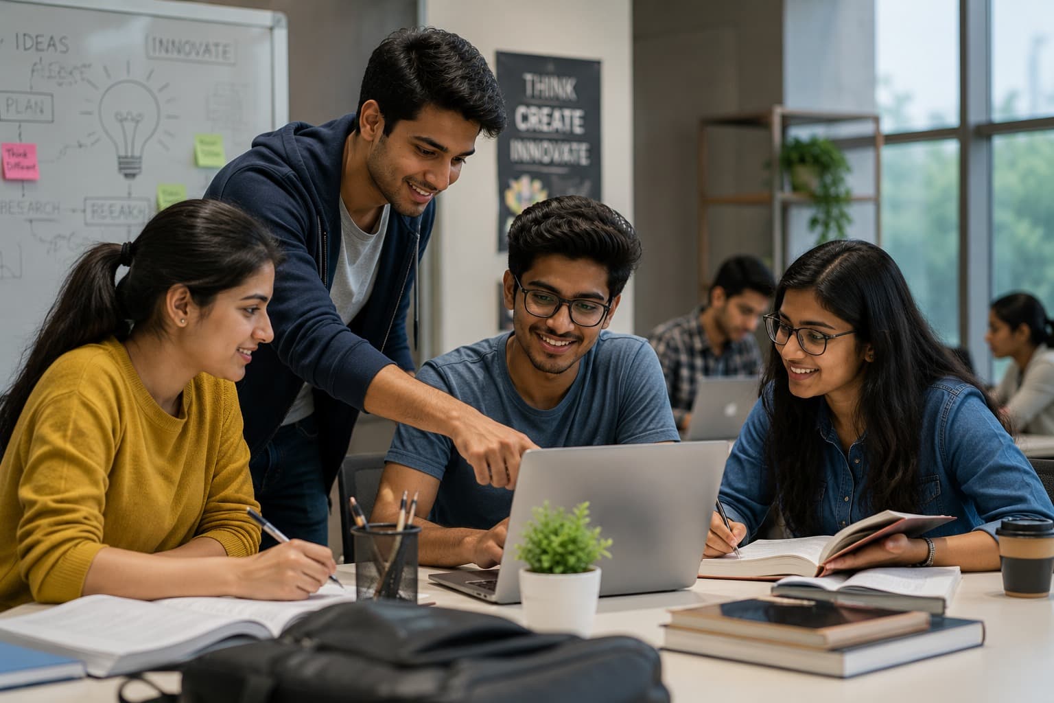 Students working together around a laptop in a bright study space
